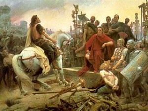 The Gallic chieftain Vercingetorix surrendering his arms to Julius Caesar at the Battle of Alesia (52 B.C.E.)