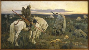 The Slavic Vityaz at the crossroads marked by a menhir stating: "If you go left, you will lose your horse. If you go right, you will lose your head." Painting by Viktor Vasnetsov